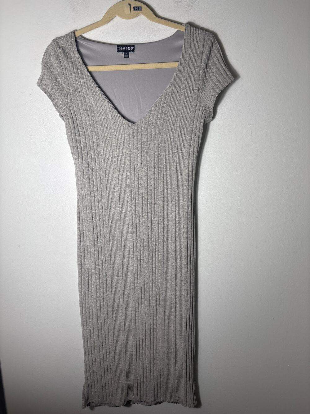 Timing Gray Ribbed Bodycon V Neck Midi Dress Sz M